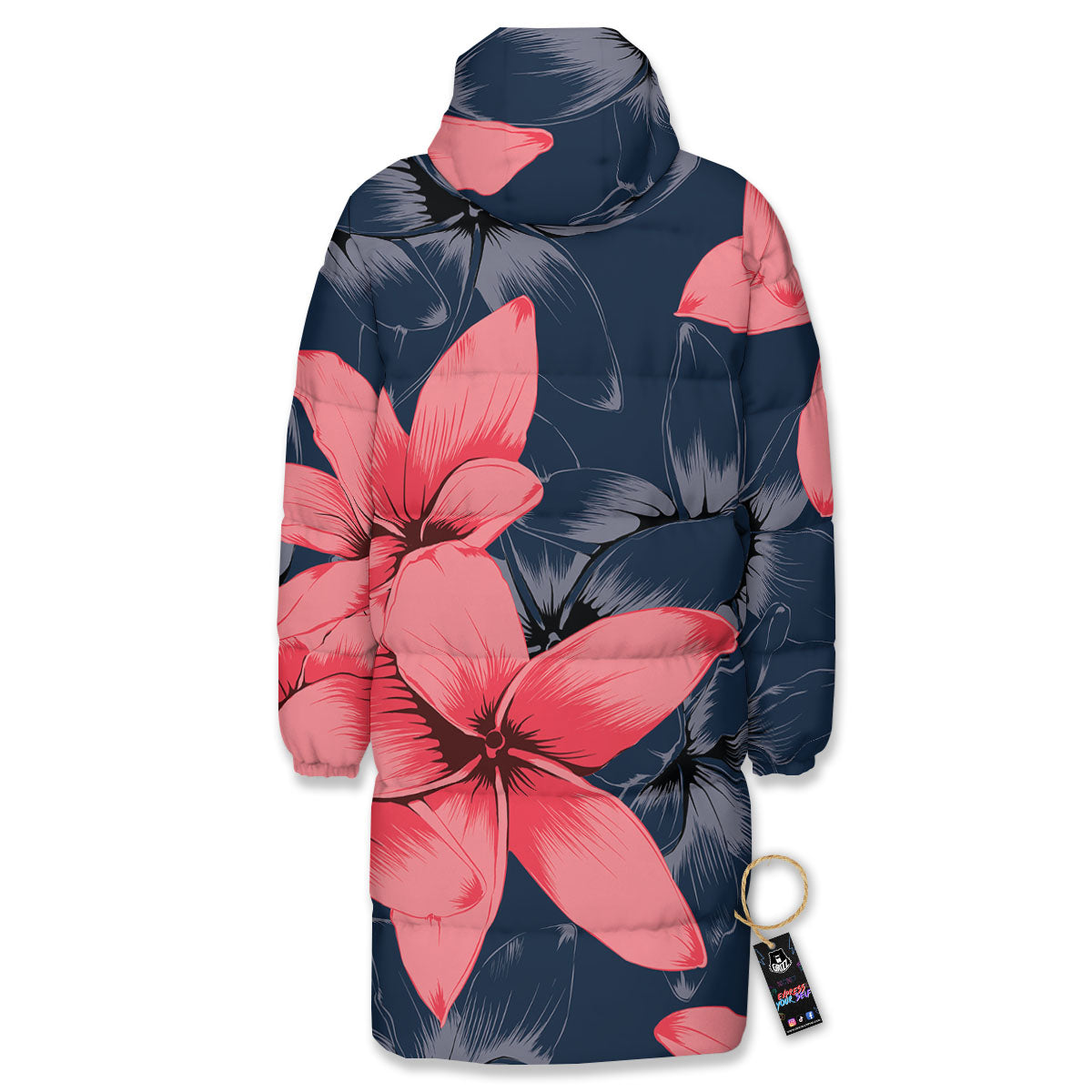 Plumeria Flower Pink Print Long Down Jacket-grizzshop