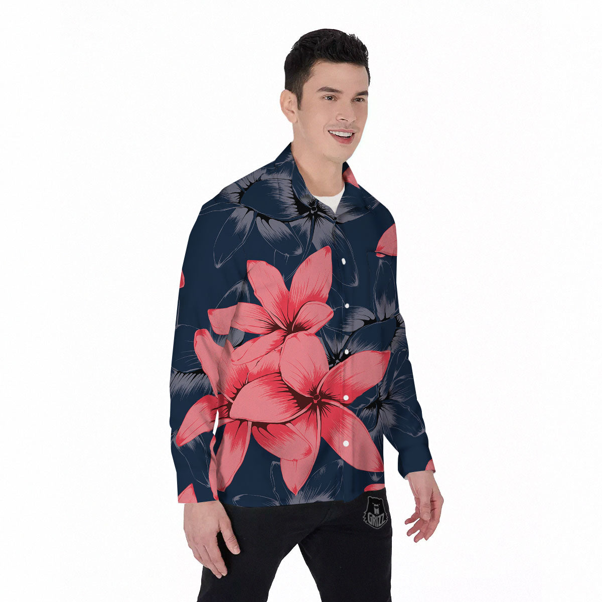 Plumeria Flower Pink Print Men's Long Sleeve Shirts-grizzshop