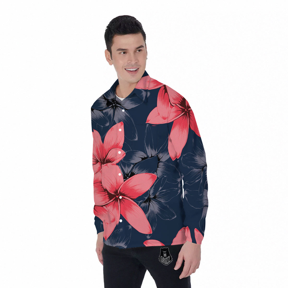 Plumeria Flower Pink Print Men's Long Sleeve Shirts-grizzshop