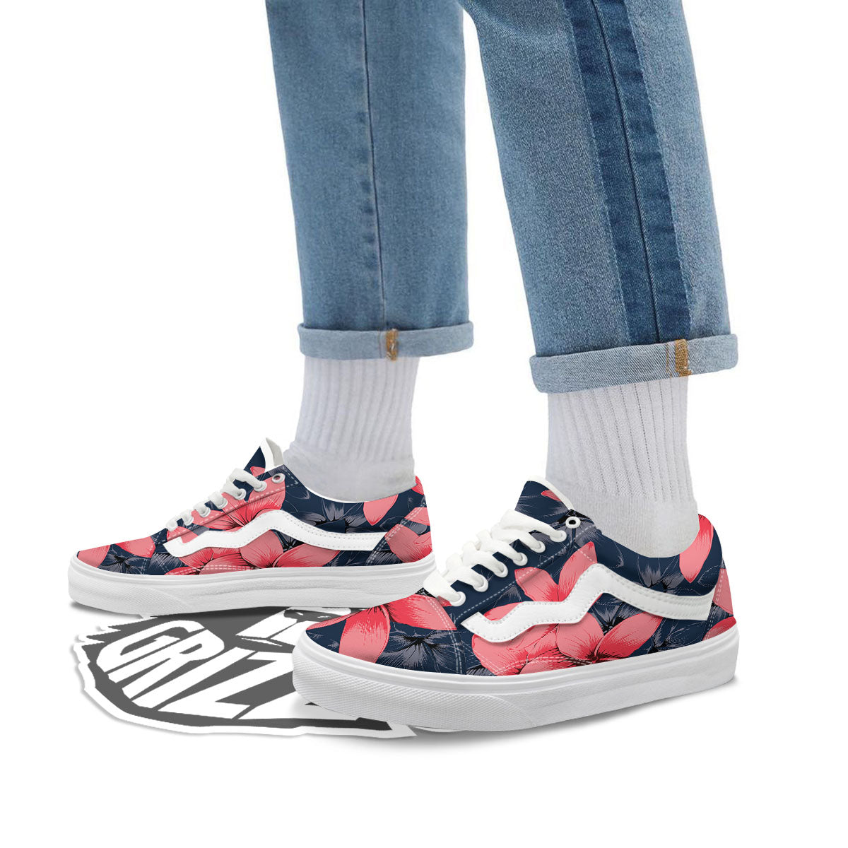 Plumeria Flower Pink Print Skate Shoes-grizzshop