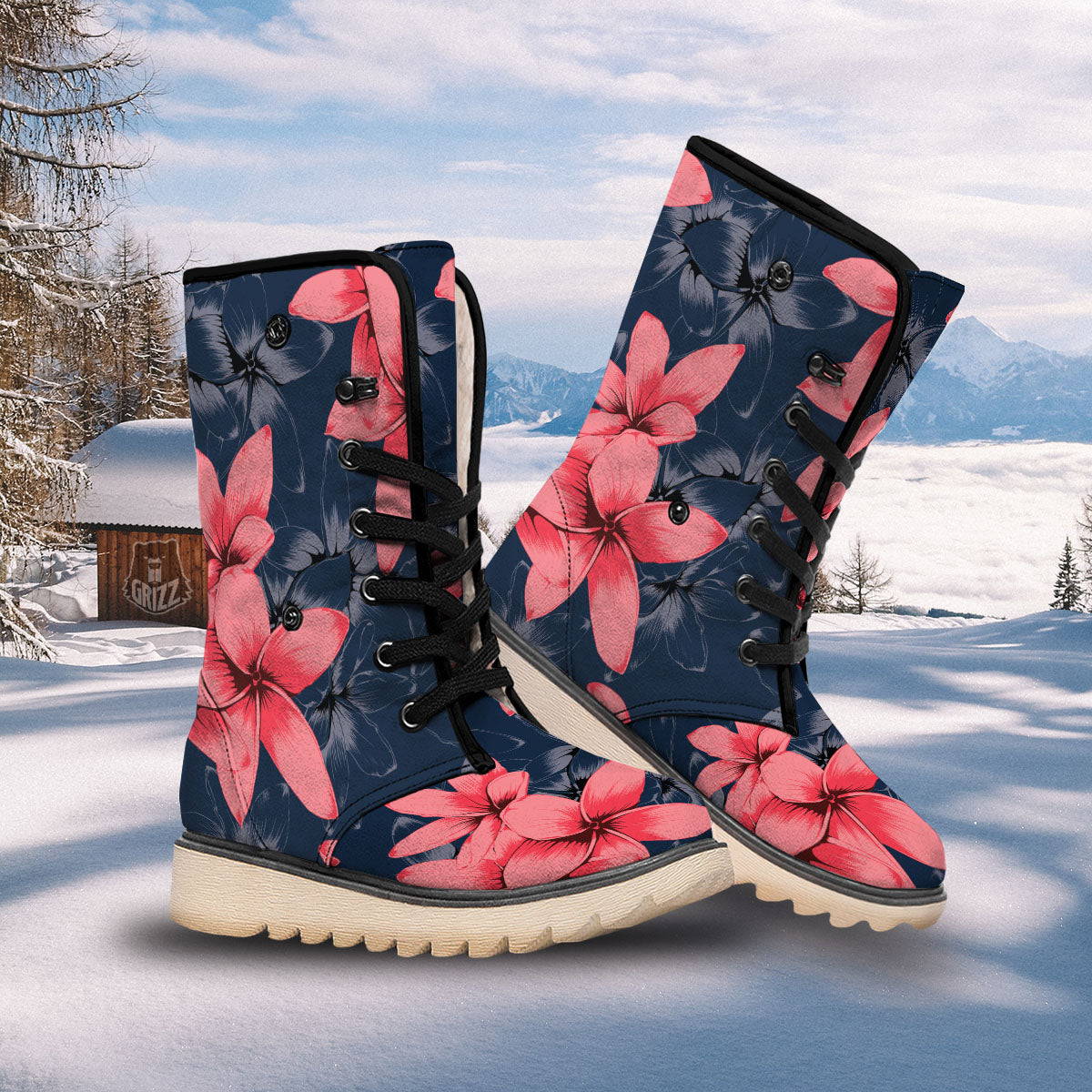 Plumeria Flower Pink Print Snow Boots-grizzshop