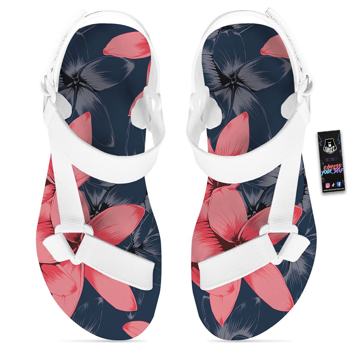 Plumeria Flower Pink Print White Open Toe Sandals-grizzshop