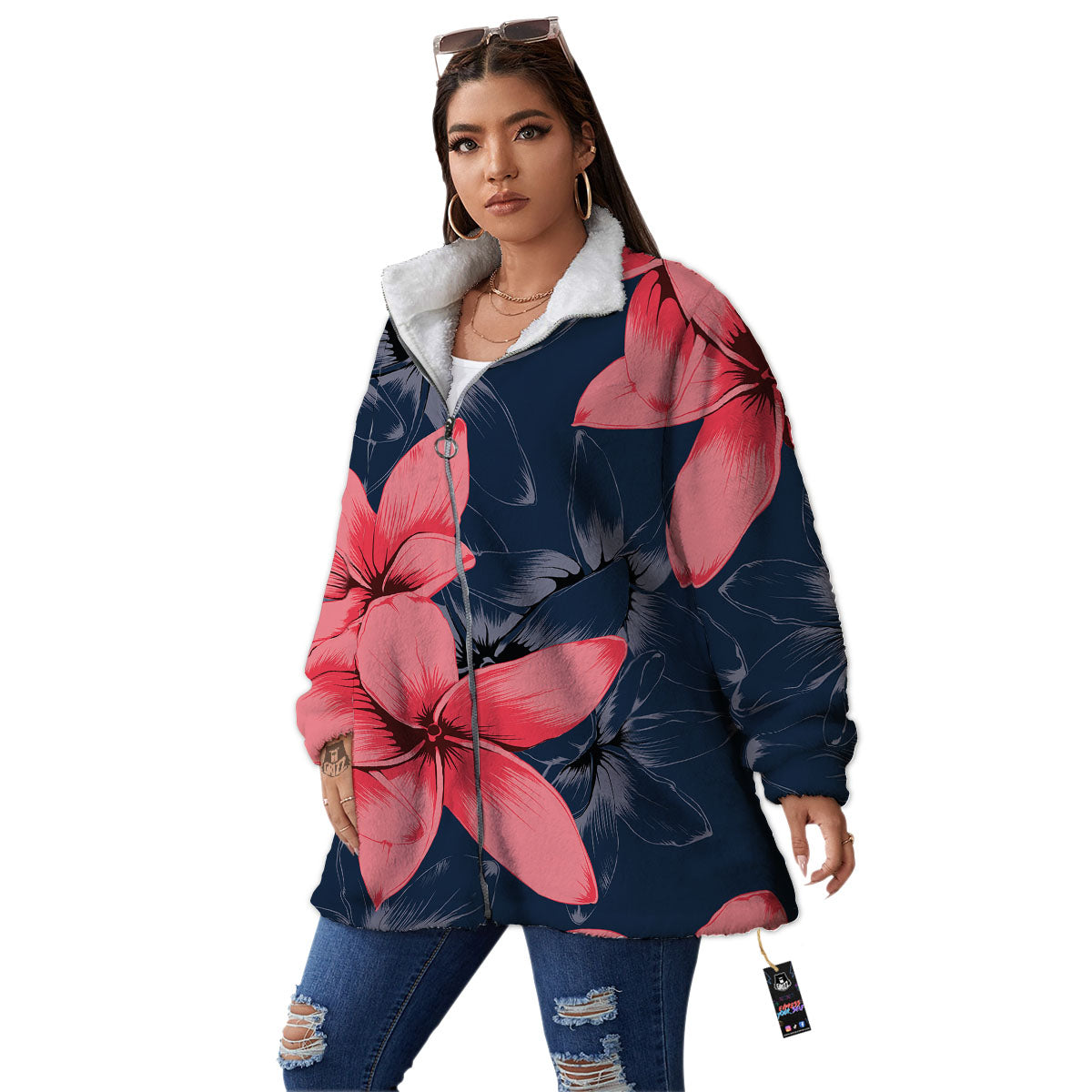 Plumeria Flower Pink Print Women's Sherpa Jacket-grizzshop