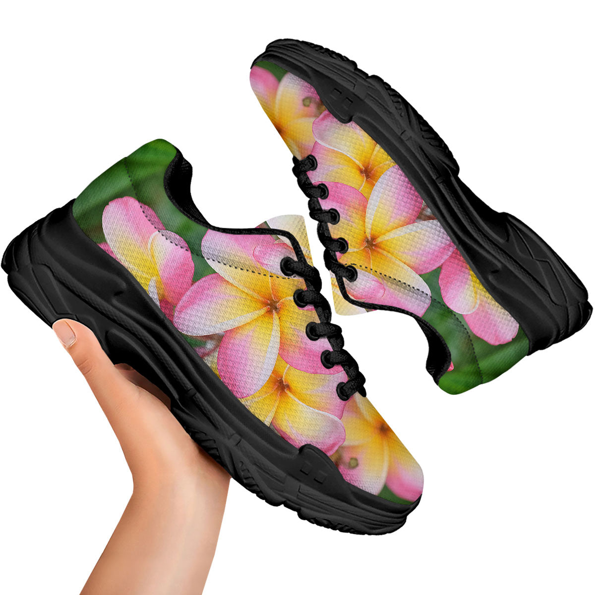 Plumeria Flower Yellow And Pink Print Black Chunky Shoes-grizzshop