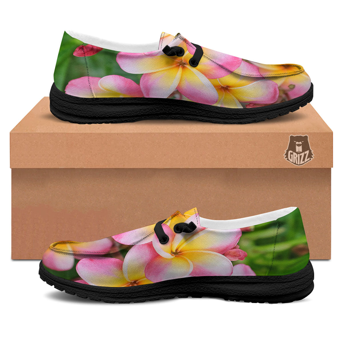Plumeria Flower Yellow And Pink Print Black Loafers-grizzshop