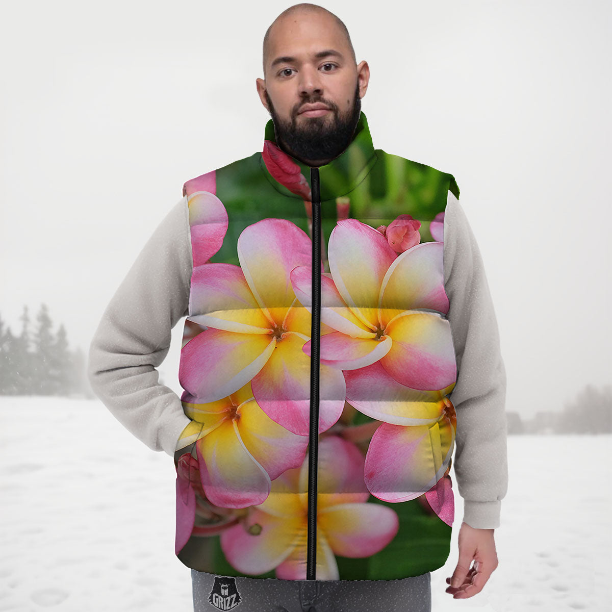 Plumeria Flower Yellow And Pink Print Down Vest-grizzshop
