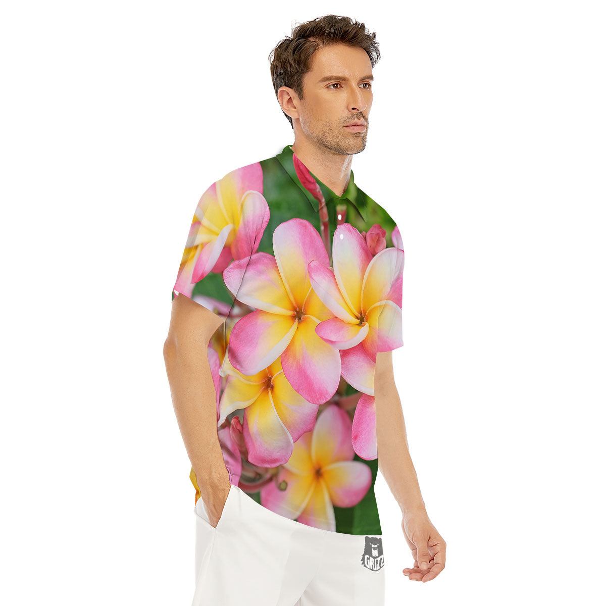 Plumeria Flower Yellow And Pink Print Men's Golf Shirts-grizzshop