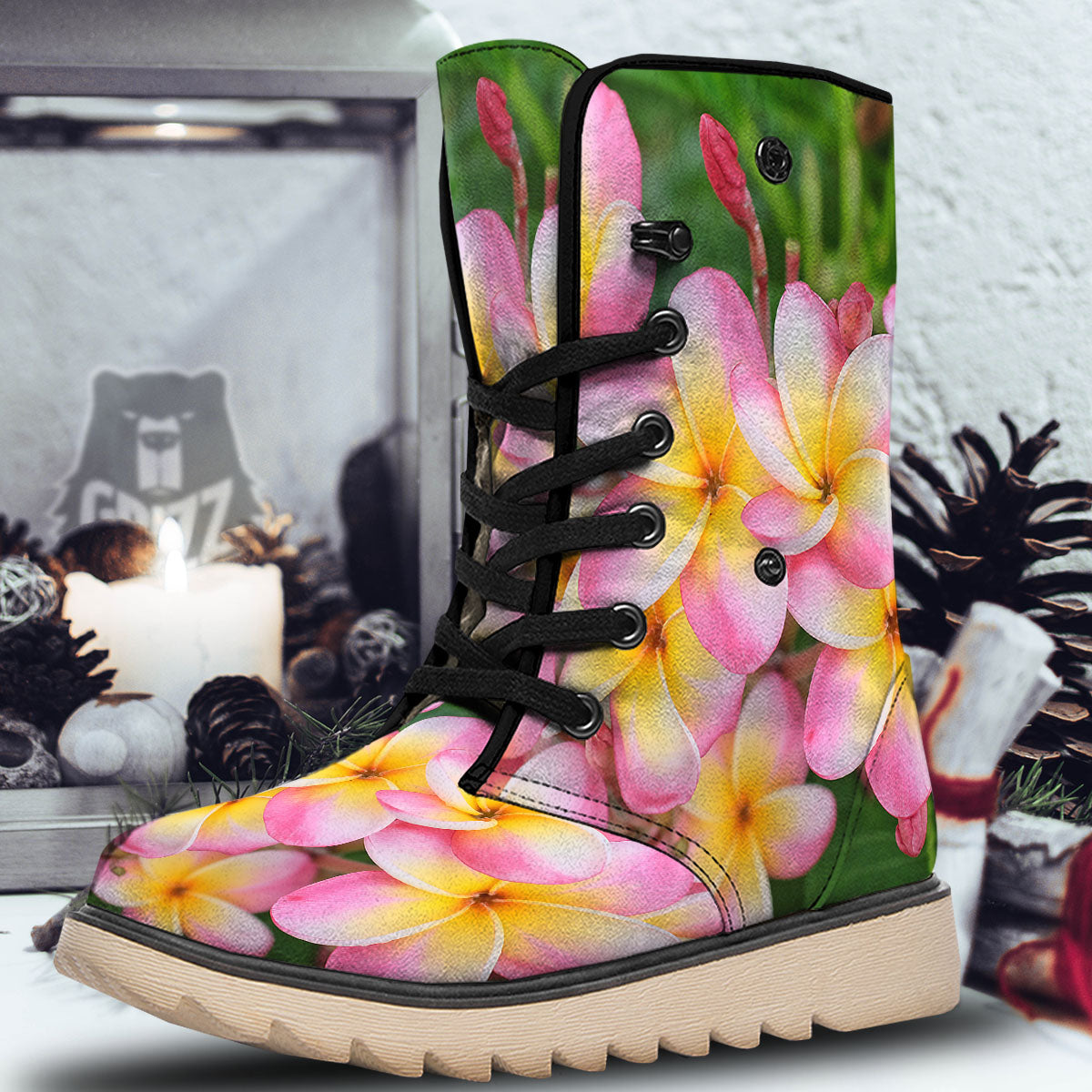Plumeria Flower Yellow And Pink Print Snow Boots-grizzshop