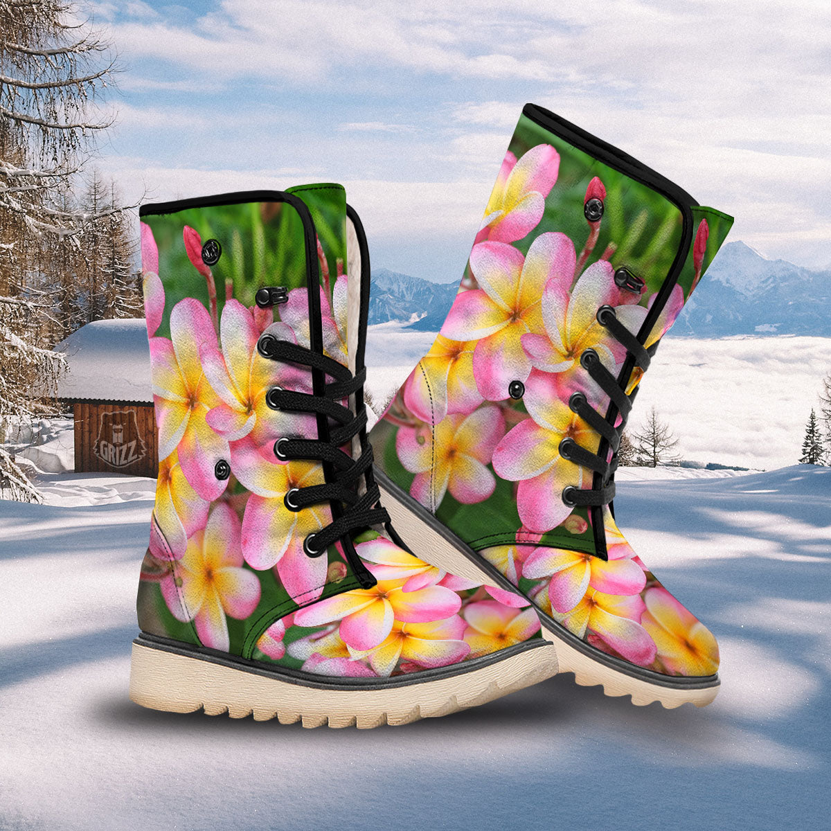 Plumeria Flower Yellow And Pink Print Snow Boots-grizzshop