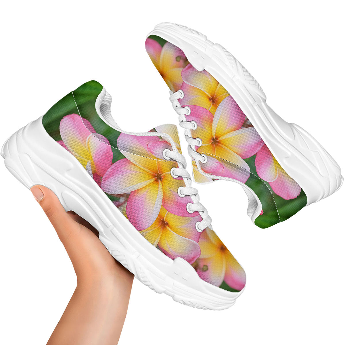 Plumeria Flower Yellow And Pink Print White Chunky Shoes-grizzshop