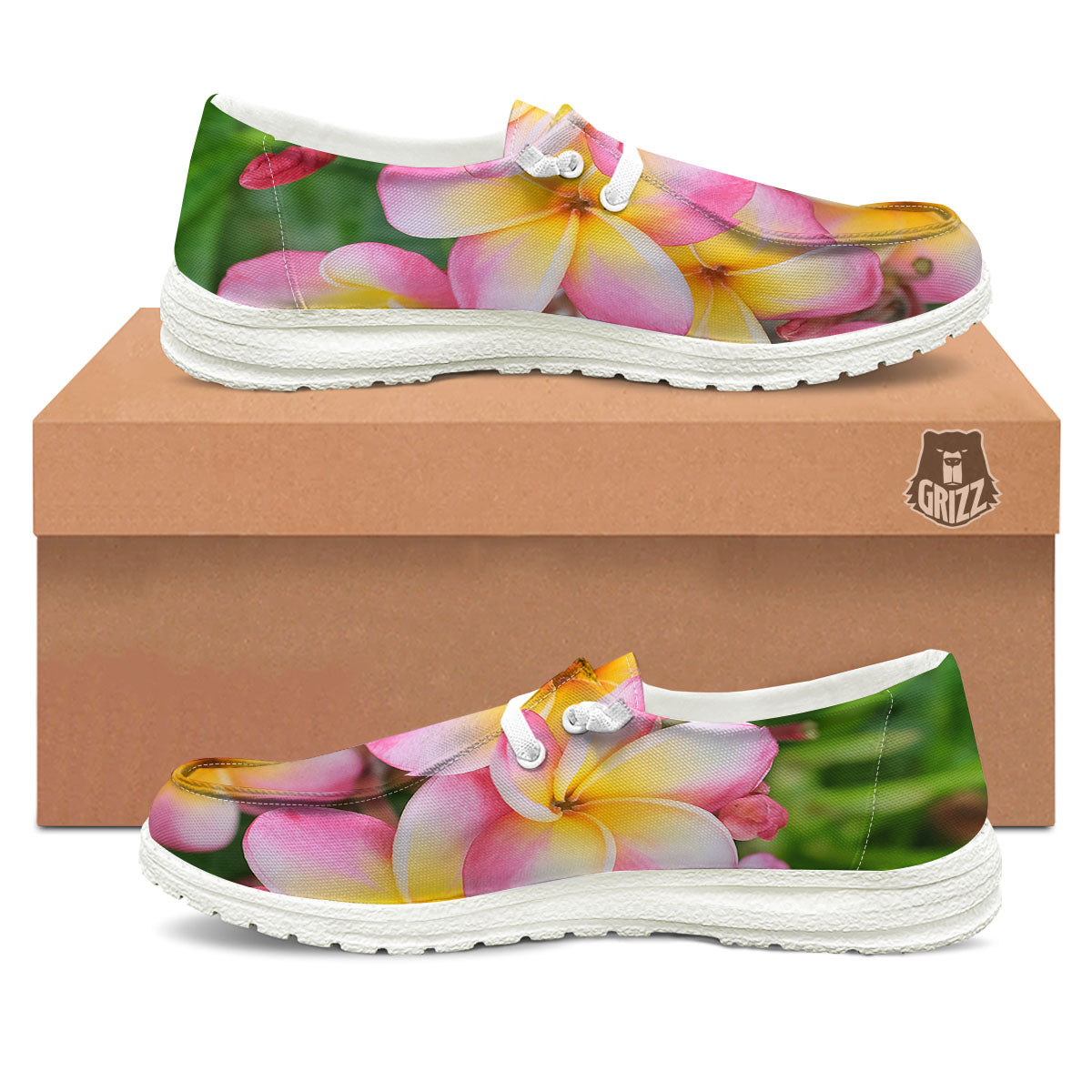 Plumeria Flower Yellow And Pink Print White Loafers-grizzshop