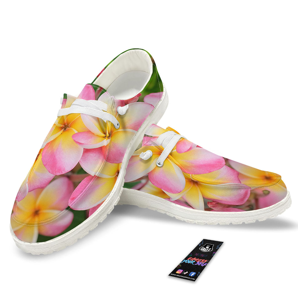 Plumeria Flower Yellow And Pink Print White Loafers-grizzshop