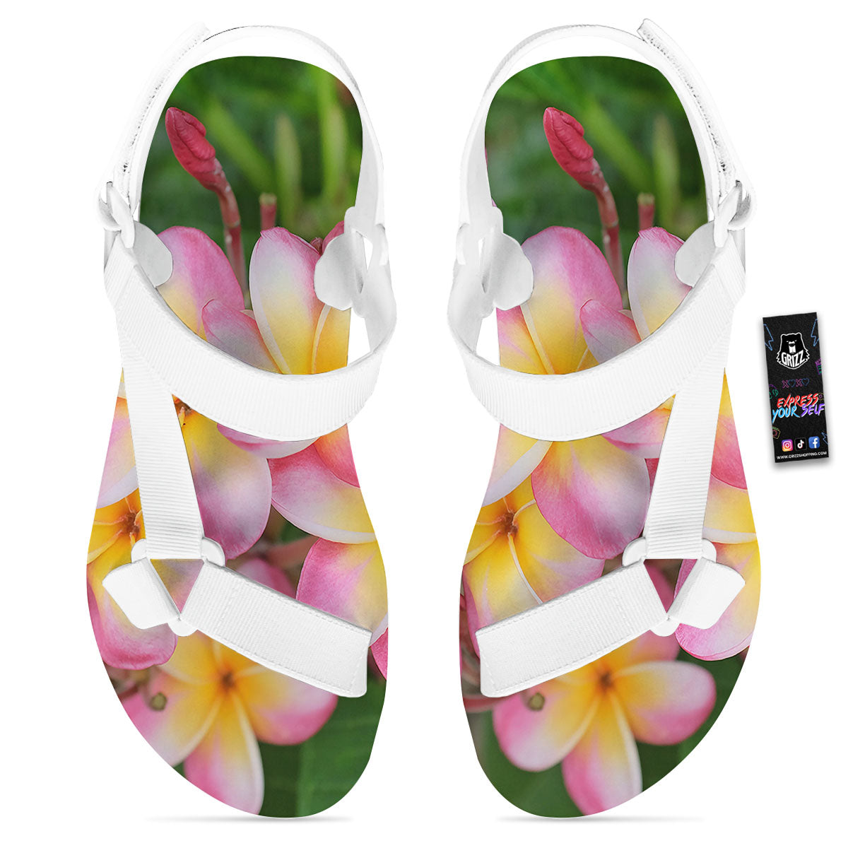 Plumeria Flower Yellow And Pink Print White Open Toe Sandals-grizzshop