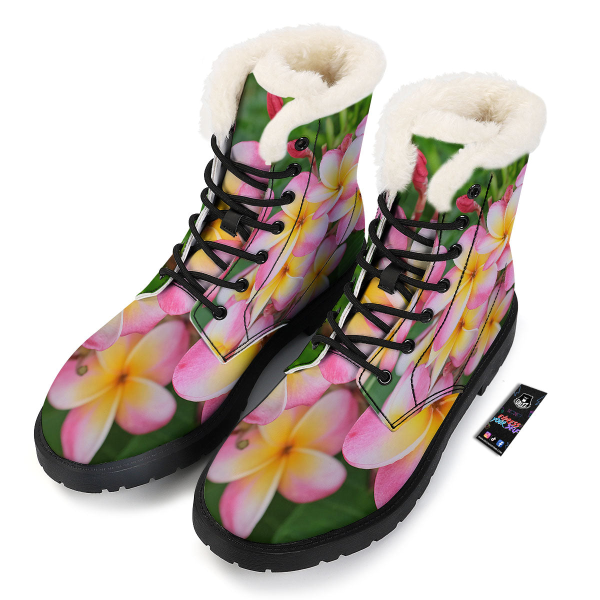 Plumeria Flower Yellow And Pink Print Winter Boots-grizzshop
