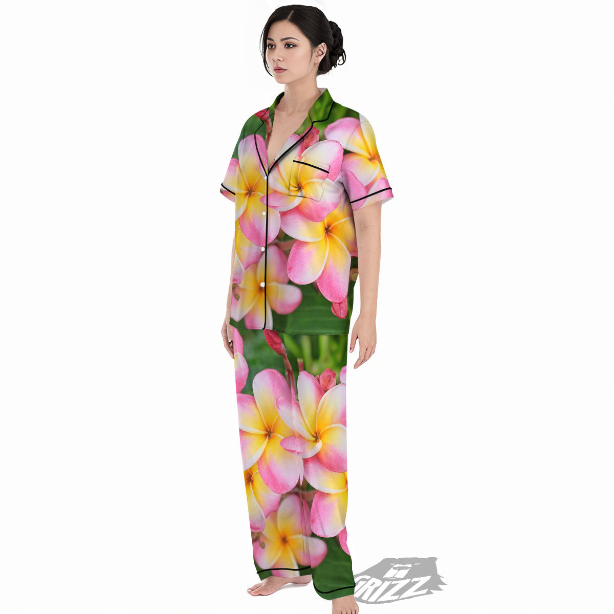 Plumeria Flower Yellow And Pink Print Women's Pajamas Set-grizzshop
