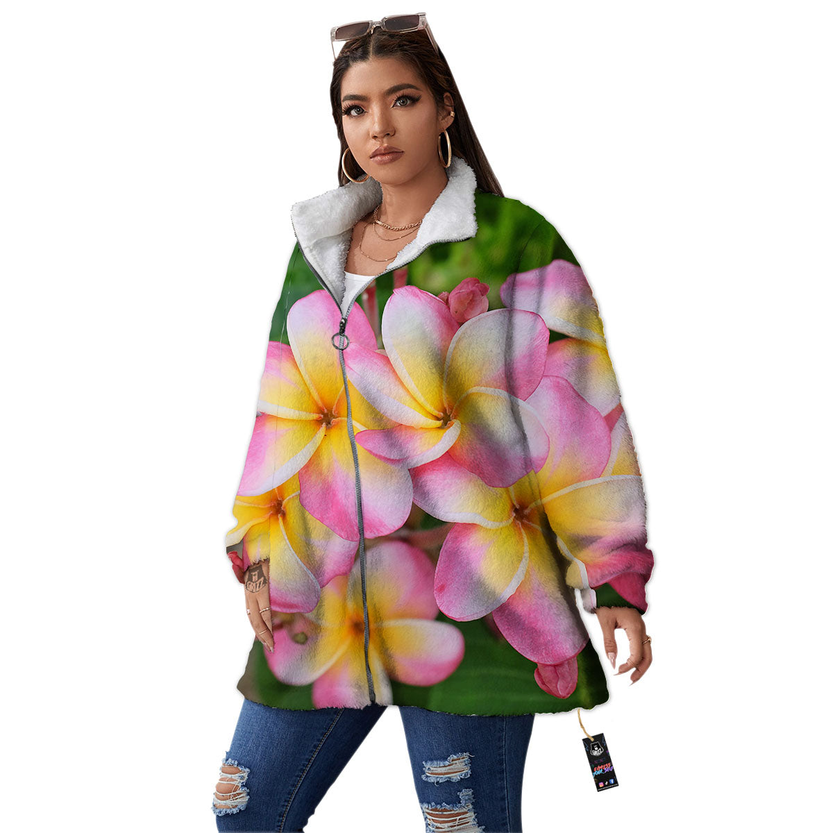 Plumeria Flower Yellow And Pink Print Women's Sherpa Jacket-grizzshop