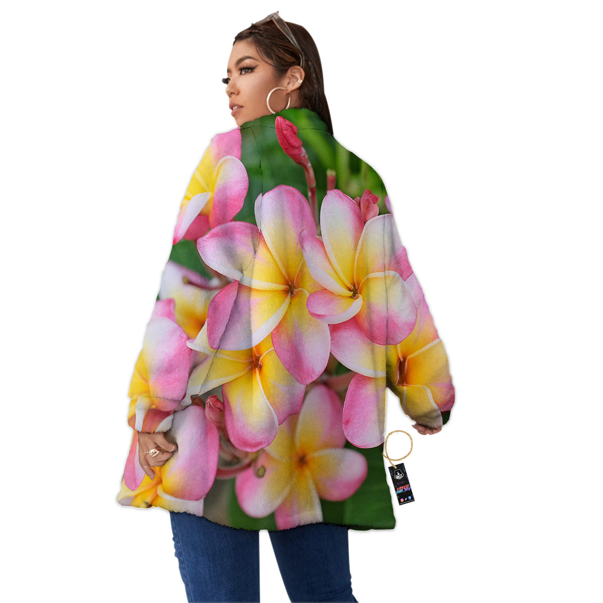 Plumeria Flower Yellow And Pink Print Women's Sherpa Jacket-grizzshop