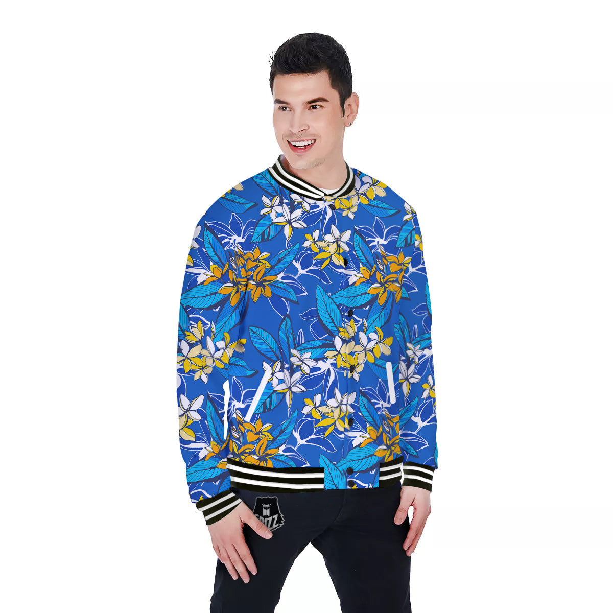 Plumeria Flower Yellow And White Blue Print Pattern Baseball Jacket-grizzshop