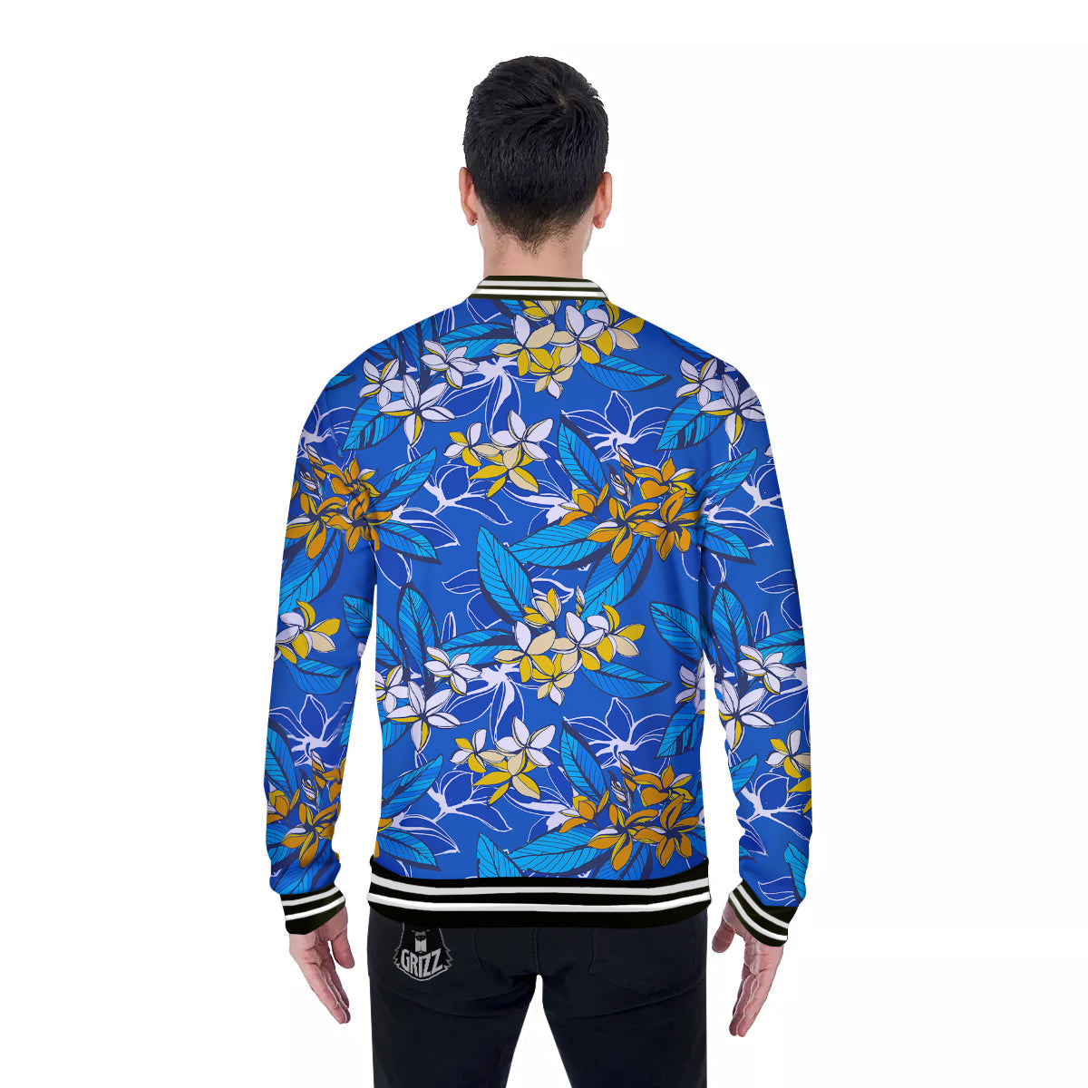 Plumeria Flower Yellow And White Blue Print Pattern Baseball Jacket-grizzshop