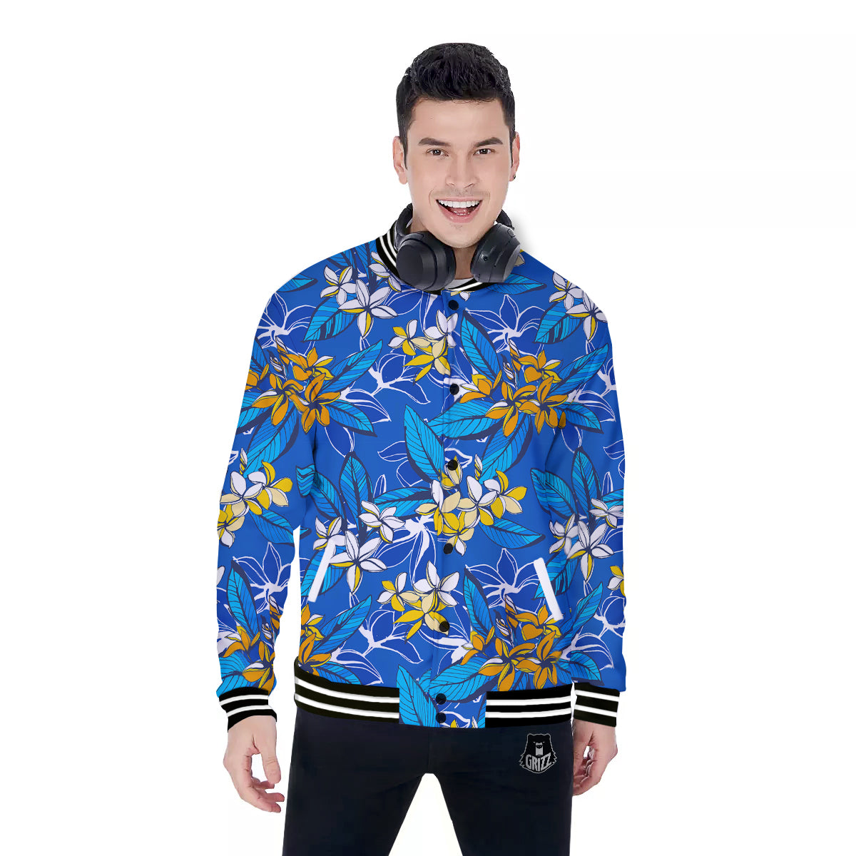 Plumeria Flower Yellow And White Blue Print Pattern Baseball Jacket-grizzshop
