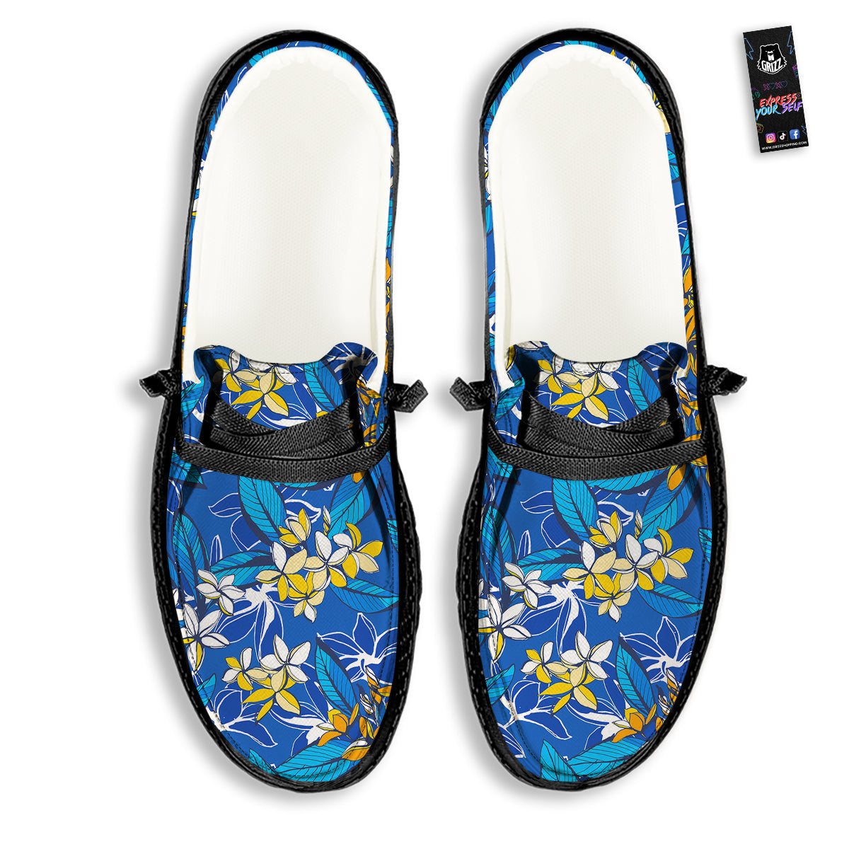 Plumeria Flower Yellow And White Blue Print Pattern Black Loafers-grizzshop