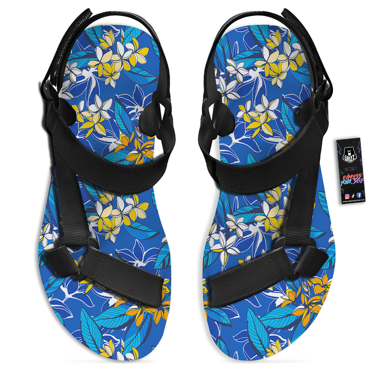 Plumeria Flower Yellow And White Blue Print Pattern Black Open Toe Sandals-grizzshop