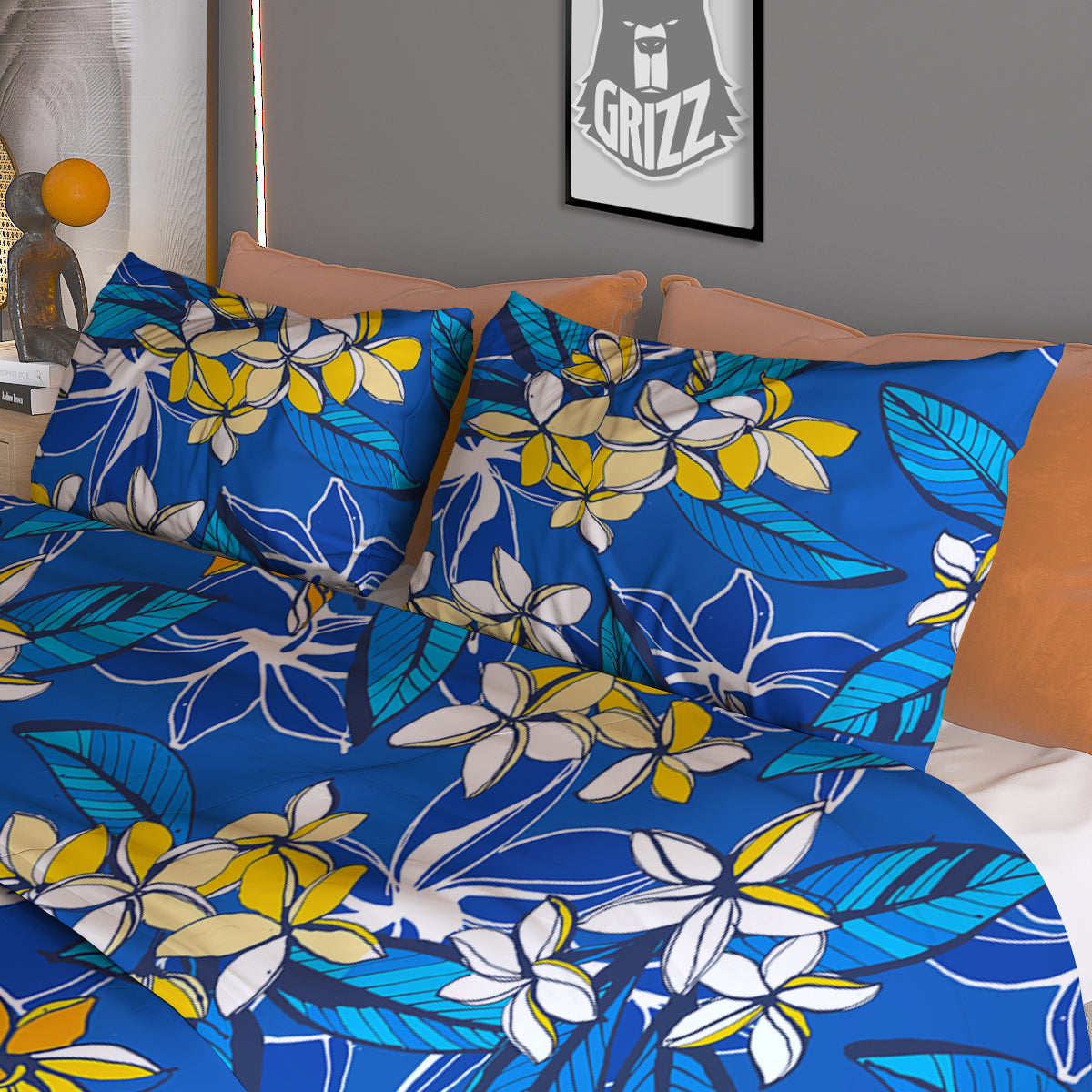 Plumeria Flower Yellow And White Blue Print Pattern Duvet Cover Bedding Set