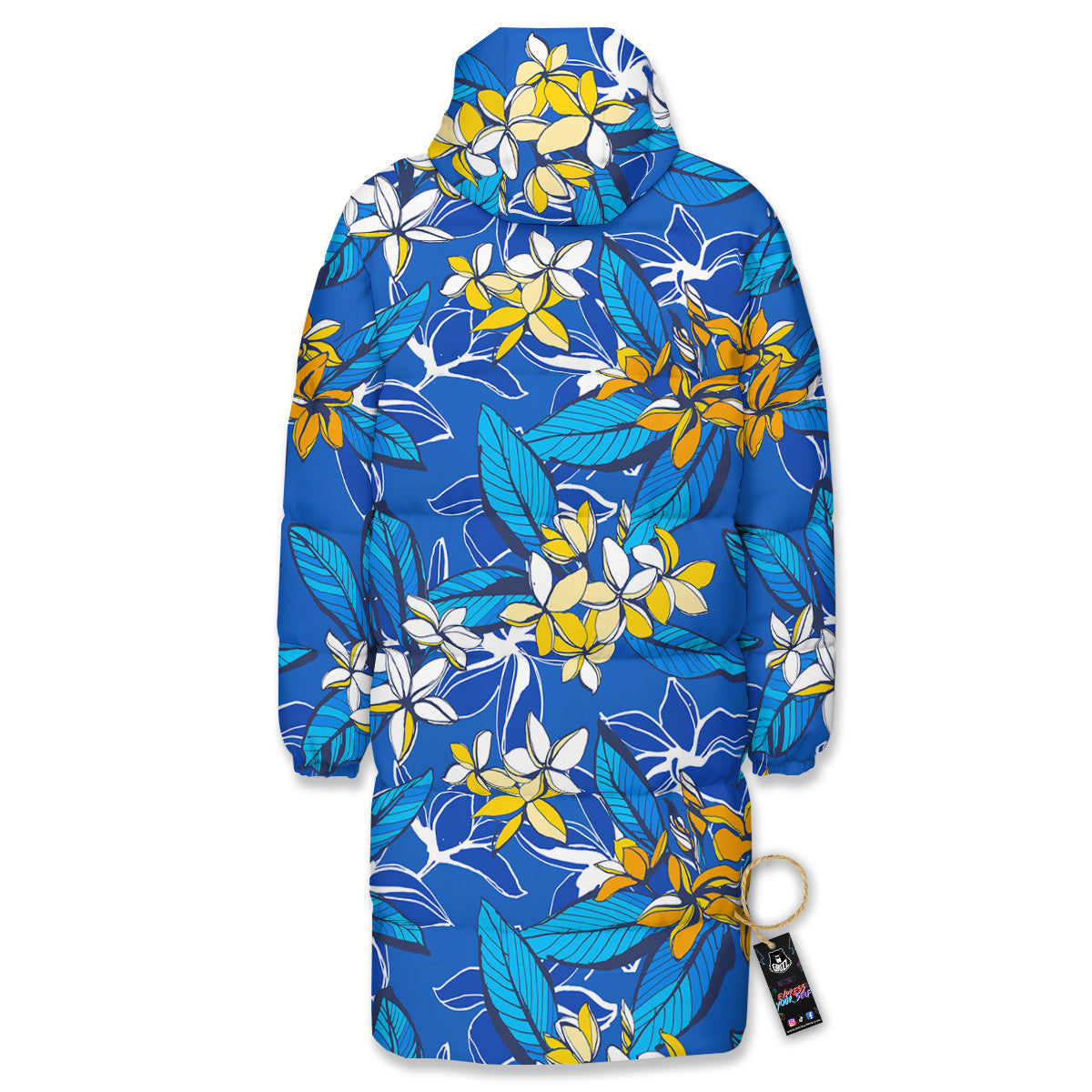 Plumeria Flower Yellow And White Blue Print Pattern Long Down Jacket-grizzshop