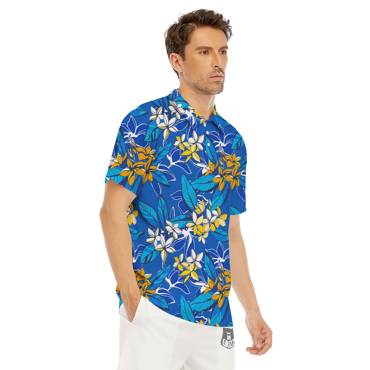 Plumeria Flower Yellow And White Blue Print Pattern Men's Golf Shirts-grizzshop