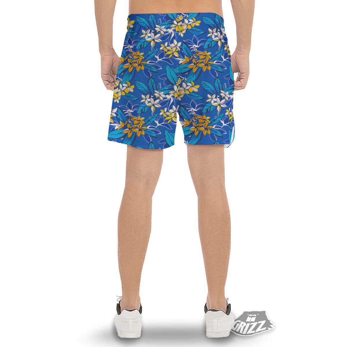 Plumeria Flower Yellow And White Blue Print Pattern Men's Gym Shorts-grizzshop