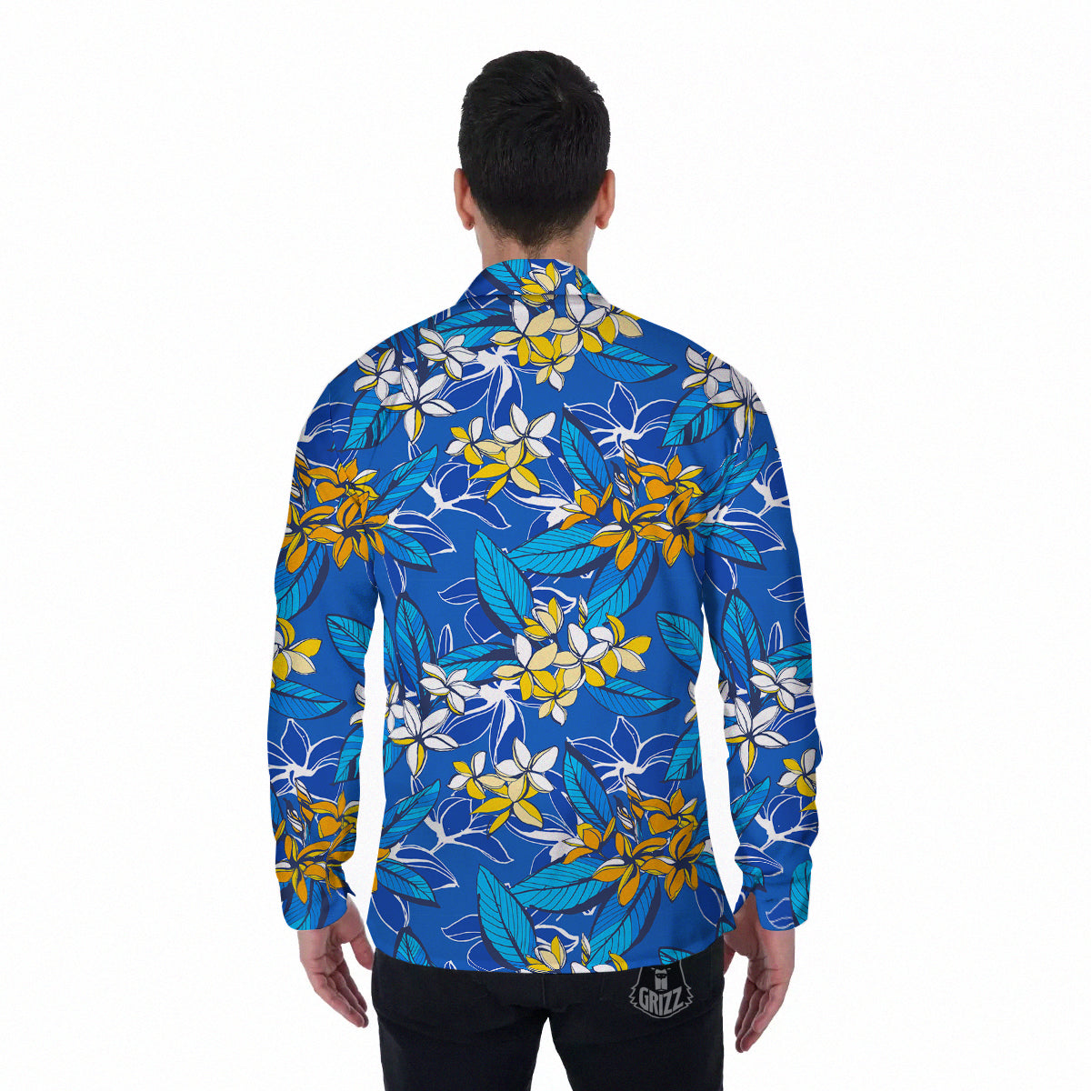 Plumeria Flower Yellow And White Blue Print Pattern Men's Long Sleeve Shirts-grizzshop