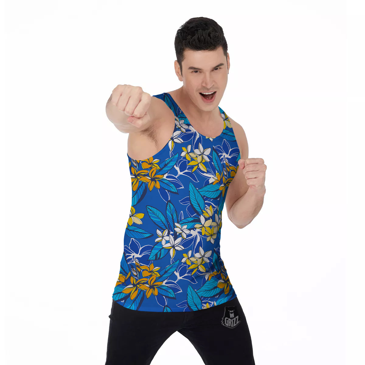 Plumeria Flower Yellow And White Blue Print Pattern Men's Tank Top-grizzshop
