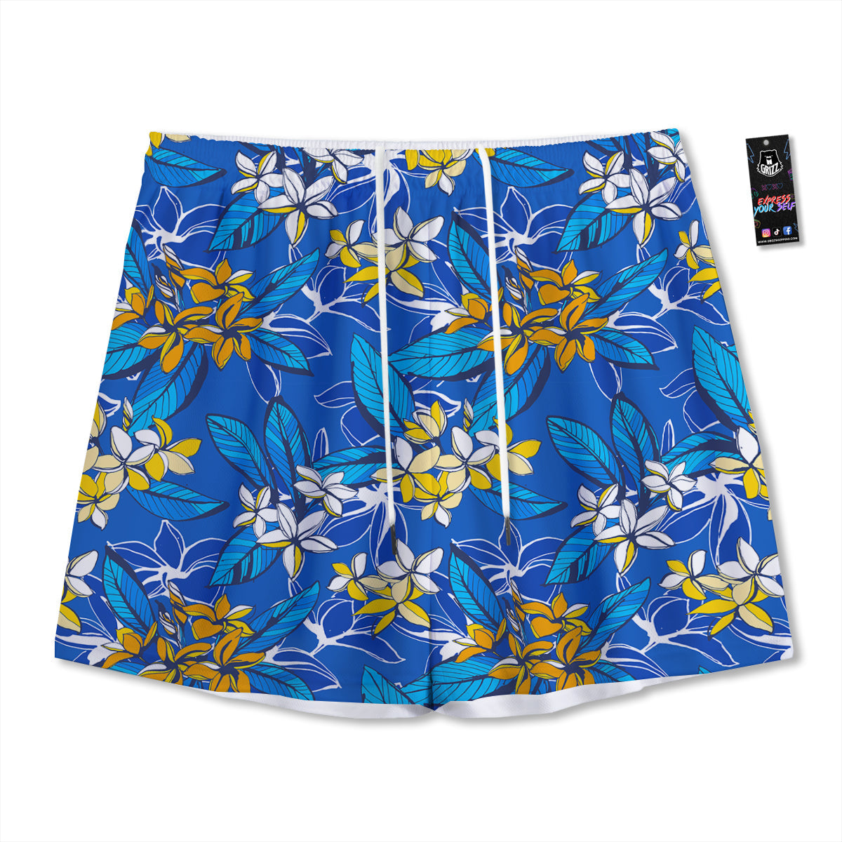 Plumeria Flower Yellow And White Blue Print Pattern Mesh Shorts-grizzshop