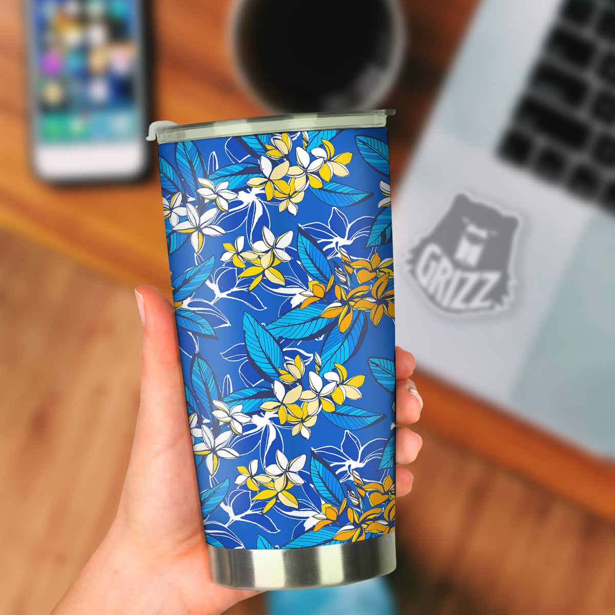 Plumeria Flower Yellow And White Blue Print Pattern Tumbler-grizzshop