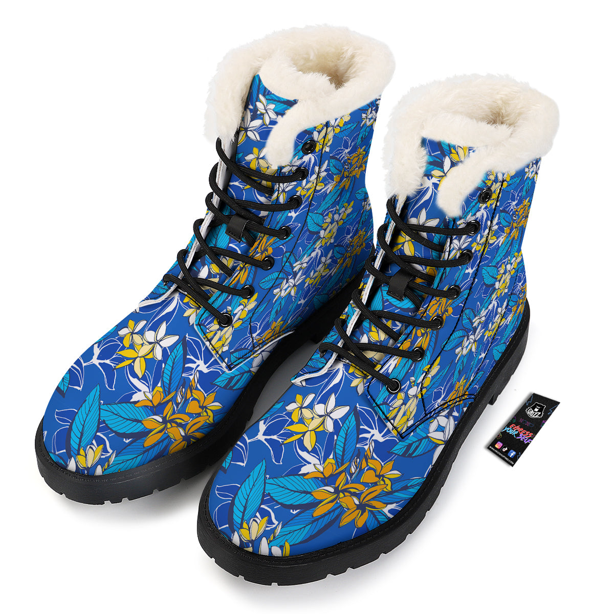 Plumeria Flower Yellow And White Blue Print Pattern Winter Boots-grizzshop