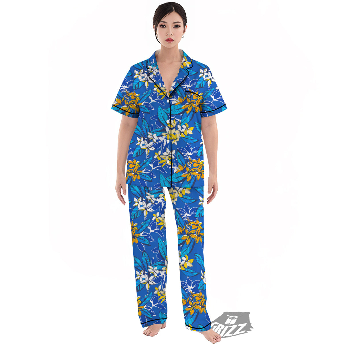 Plumeria Flower Yellow And White Blue Print Pattern Women's Pajamas Set-grizzshop