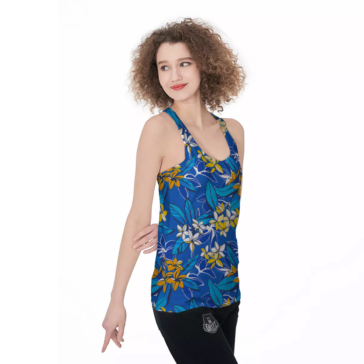 Plumeria Flower Yellow And White Blue Print Pattern Women's Racerback Tank Top-grizzshop