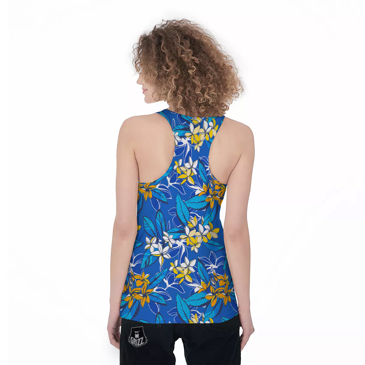Plumeria Flower Yellow And White Blue Print Pattern Women's Racerback Tank Top-grizzshop