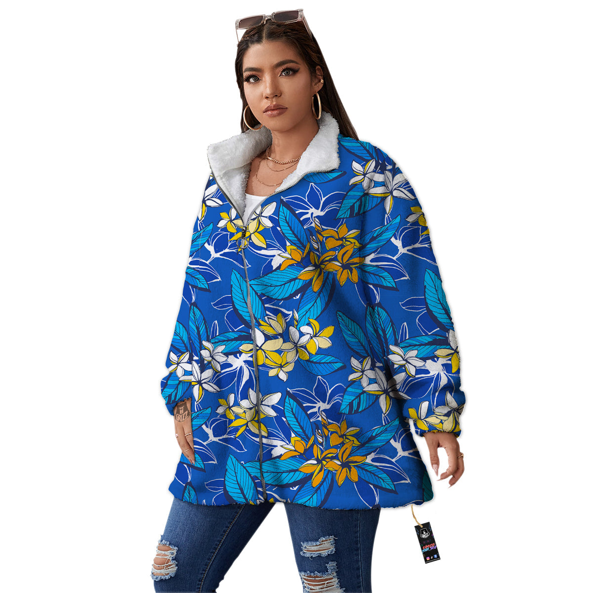 Plumeria Flower Yellow And White Blue Print Pattern Women's Sherpa Jacket-grizzshop