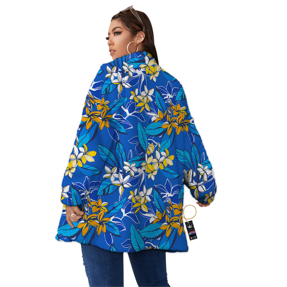 Plumeria Flower Yellow And White Blue Print Pattern Women's Sherpa Jacket-grizzshop