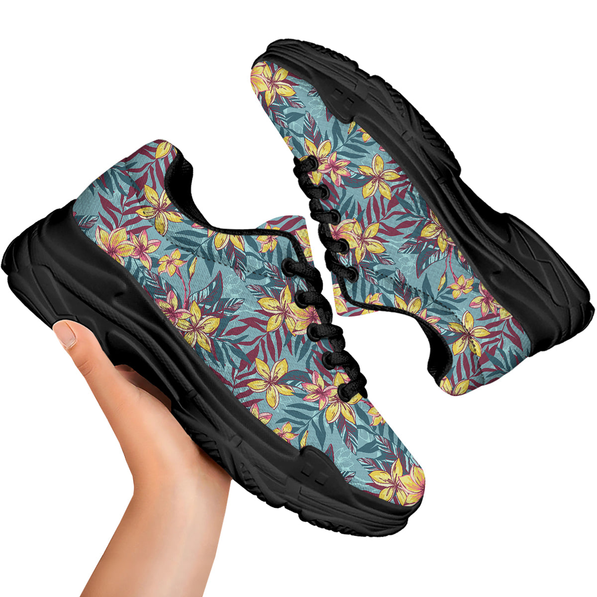 Plumeria Frangipani Tropical Print Pattern Black Chunky Shoes-grizzshop