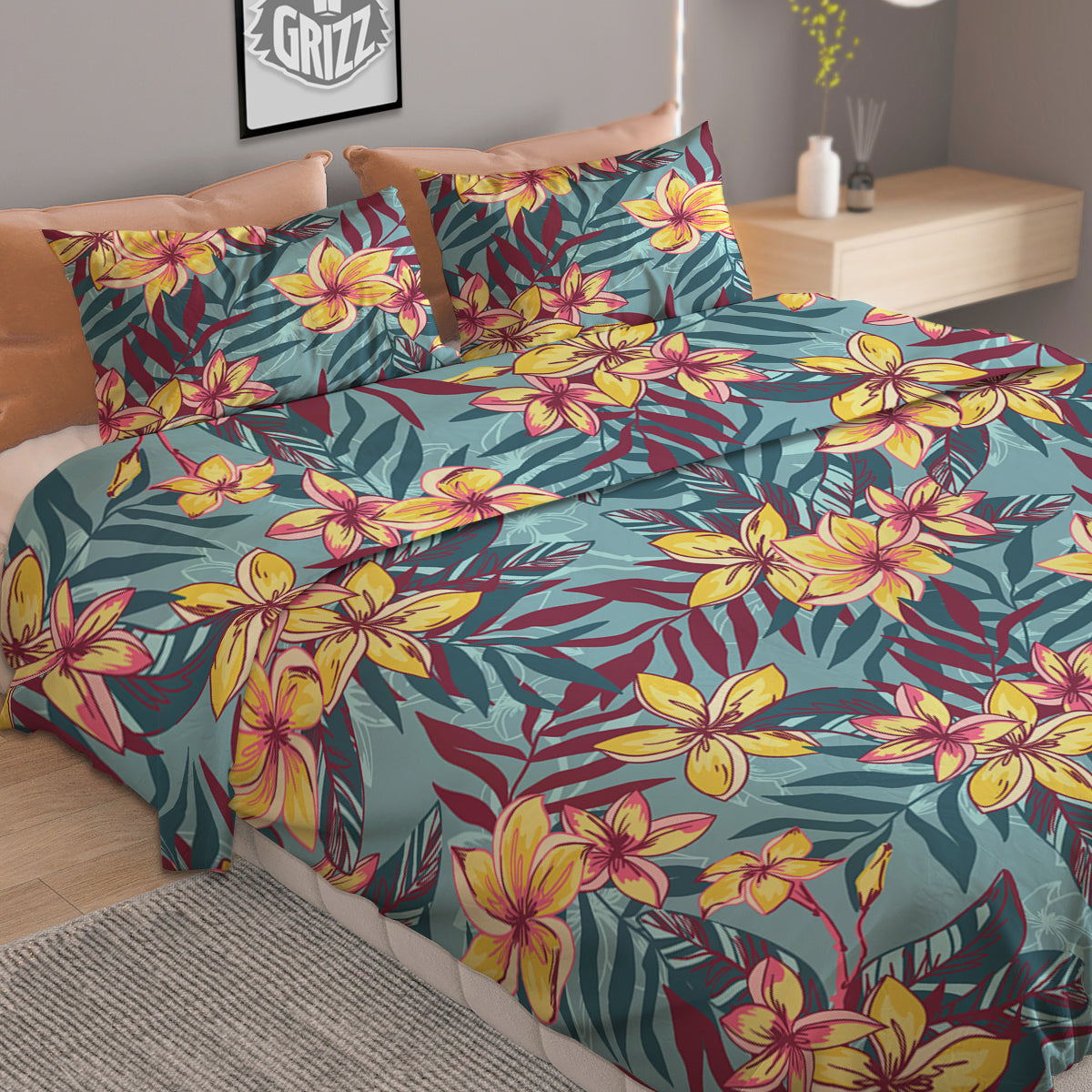 Plumeria Frangipani Tropical Print Pattern Duvet Cover Bedding Set-grizzshop