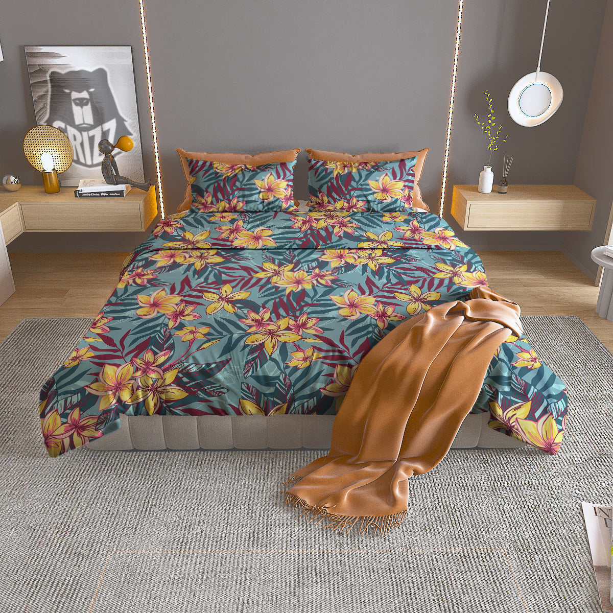 Plumeria Frangipani Tropical Print Pattern Duvet Cover Bedding Set-grizzshop