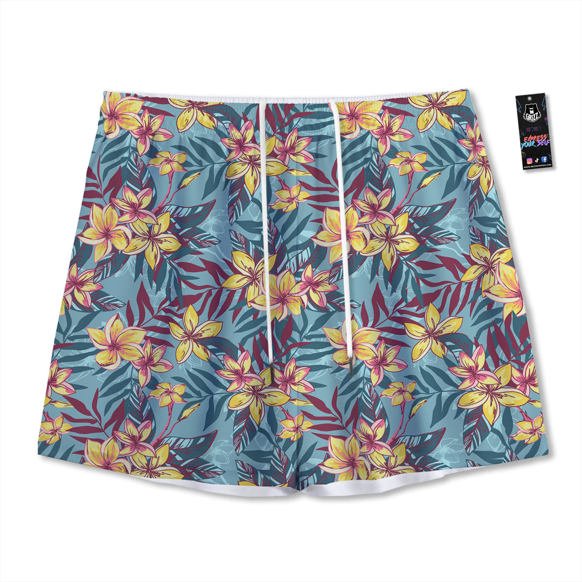 Plumeria Frangipani Tropical Print Pattern Mesh Shorts-grizzshop