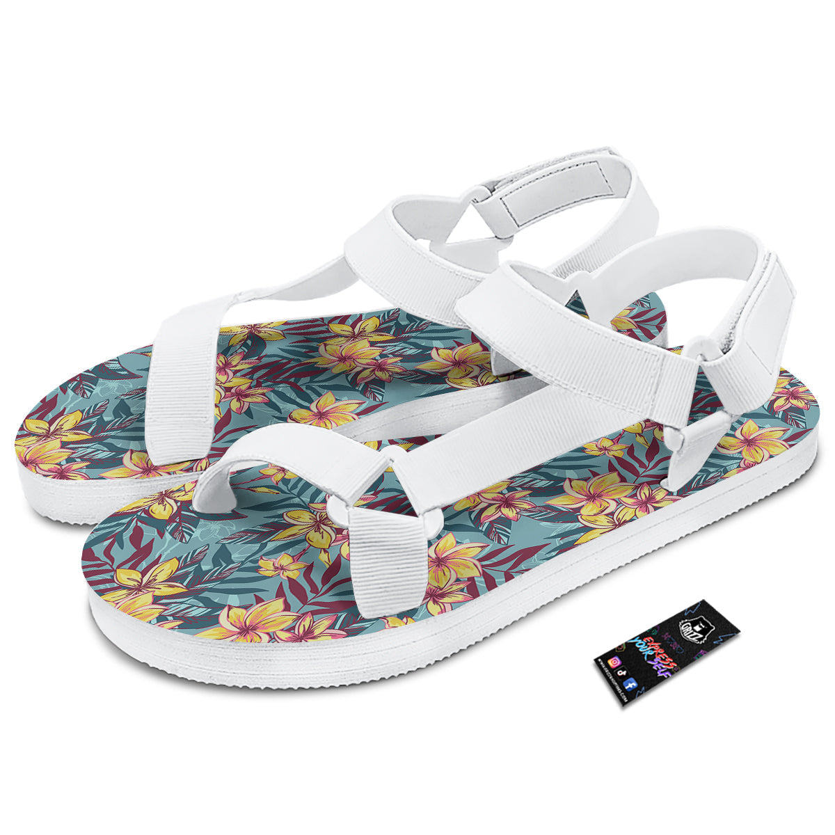 Plumeria Frangipani Tropical Print Pattern White Open Toe Sandals-grizzshop