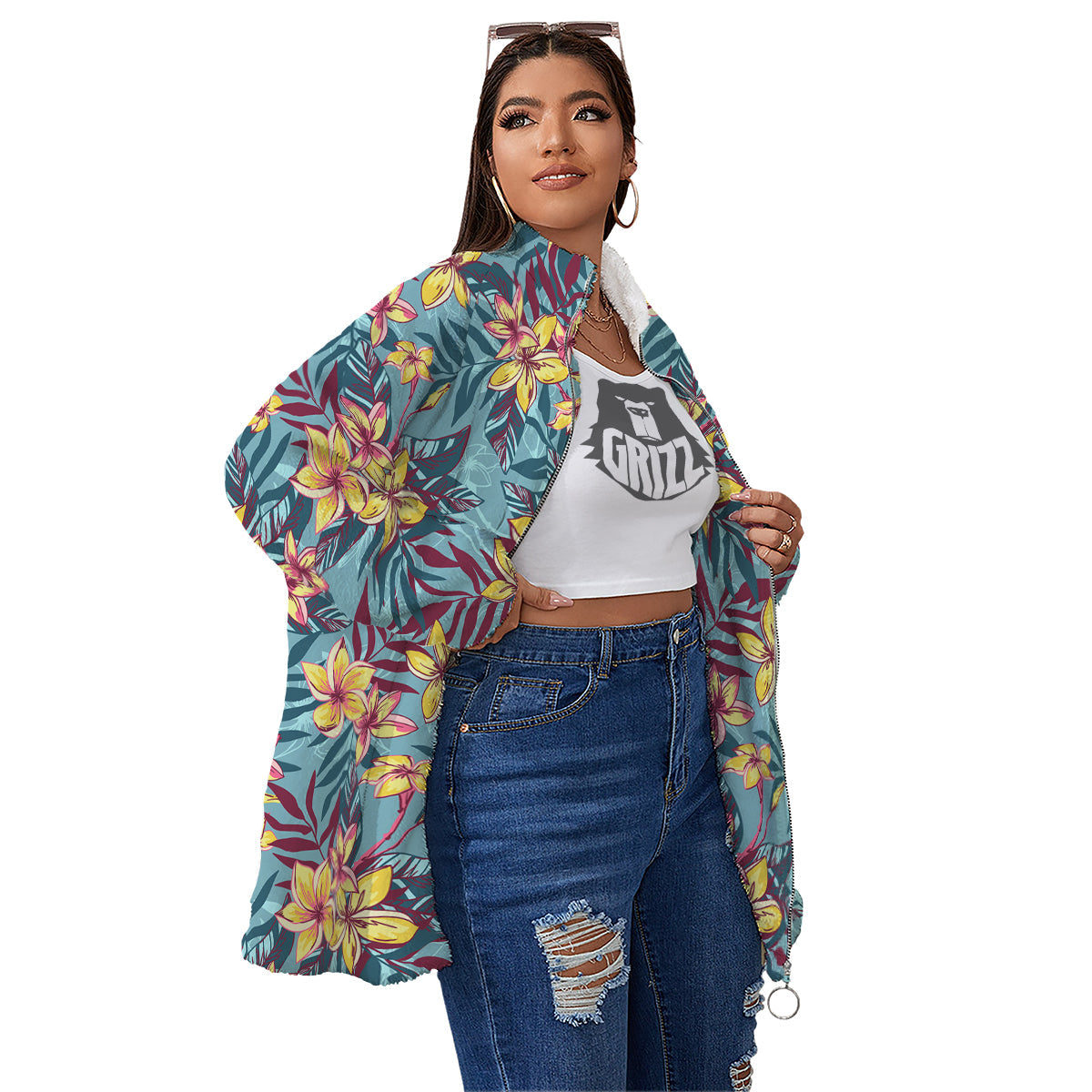 Plumeria Frangipani Tropical Print Pattern Women's Sherpa Jacket-grizzshop