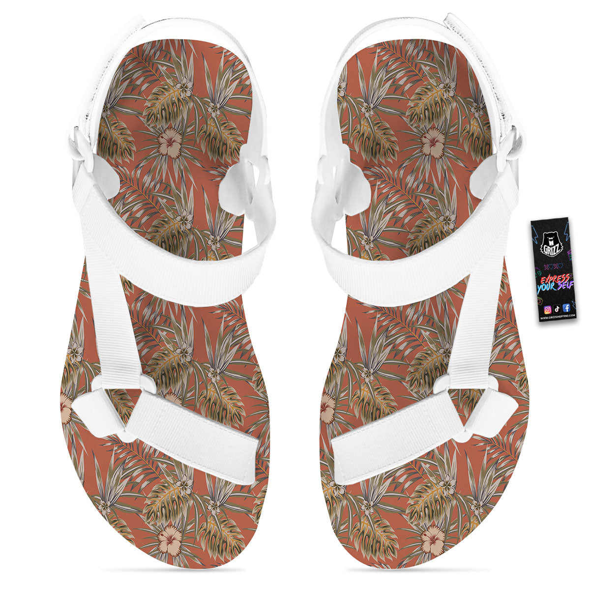 Plumeria Hibiscus Vintage Print Pattern White Open Toe Sandals-grizzshop