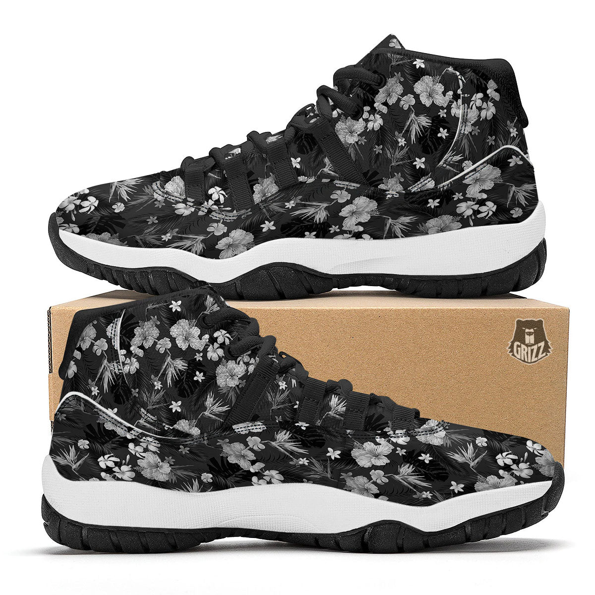 Plumeria Monochrome Print Pattern Black Bball Shoes-grizzshop