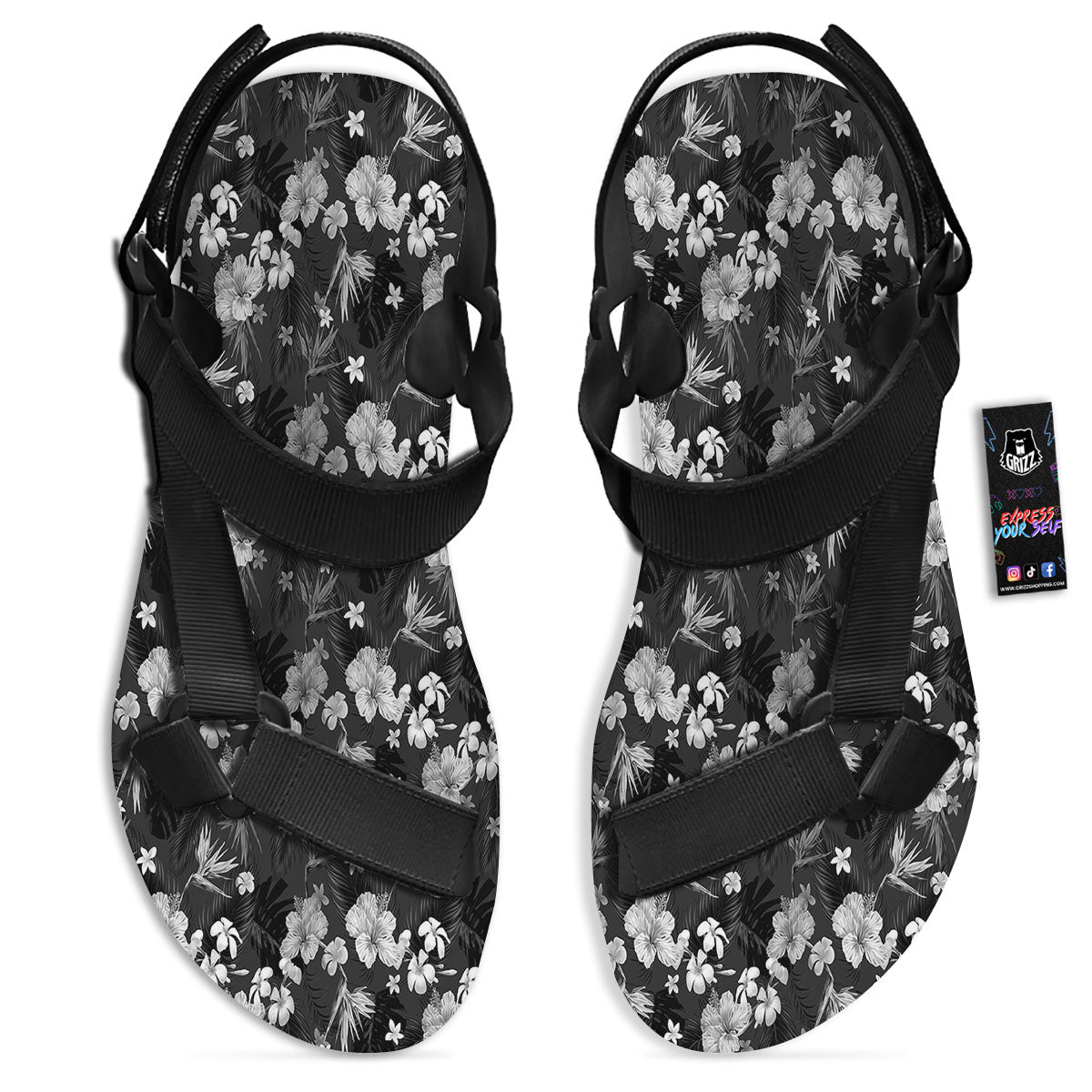 Plumeria Monochrome Print Pattern Black Open Toe Sandals-grizzshop