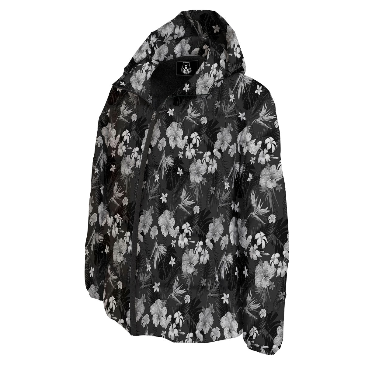 Plumeria Monochrome Print Pattern Down Jacket-grizzshop